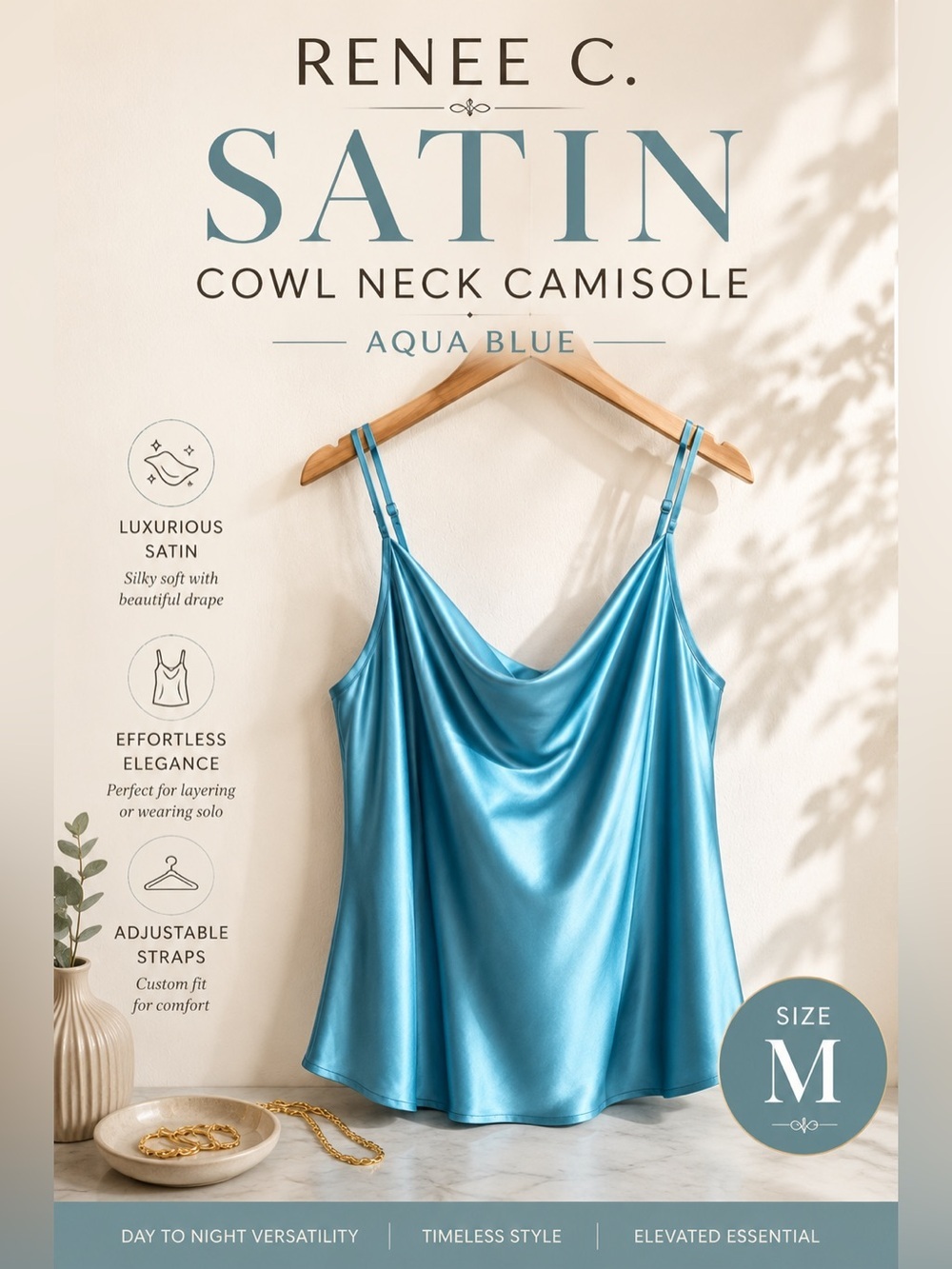 Renee C. Satin Cowl Neck Camisole Aqua Blue Size Medium Like New
